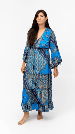 VESTIDO LARGO COLOR AZUL REY CON PAISLEY